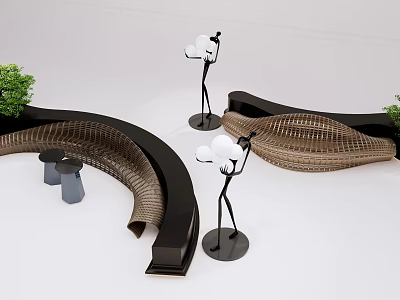 Modern Curved Landscape Seats With Woven Texture Green Plants And Decorative Lights 3d model