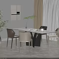 Modern Dining Room Rectangular Table With Four Chairs Decorative Painting Curtains And Green Plant