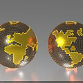Decorative Ornament Set With Two Gold And Black Honeycomb Texture Globes On Glowing Base