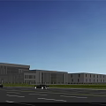 Modern Industrial Factory Building With Large Glass Windows White Gray Facade Green Lawn And Road