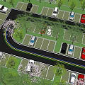 Green Landscaped Parking Lot With Trees Purple Flowers And Curved Roads