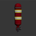 Red Fire Hydrant With Yellow And White Stripes Bottom Valves And Wheels 3d model