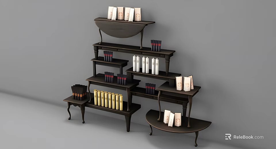 Dark Brown Multi Tiered Display Shelves With Various Shaped Layers Holding Books And Bottles 3d model 