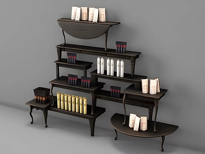 Dark Brown Multi Tiered Display Shelves With Various Shaped Layers Holding Books And Bottles 3d model