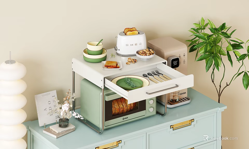 Dinnerware Set In Kitchen Organizer With Toaster Coffee Maker And Dishes 3d model 