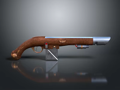 Vintage Wooden Grip Pistol With Silver Metal Barrel And Red Button Detail 3d model