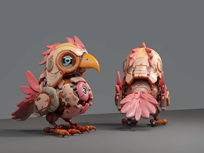 Smart Mechanical Birds With Pink Orange Feather Design And Parent Baby Structure 3d model Smart Mechanical Birds With Pink Orange Feather Design And Parent Baby Structure 3d model
