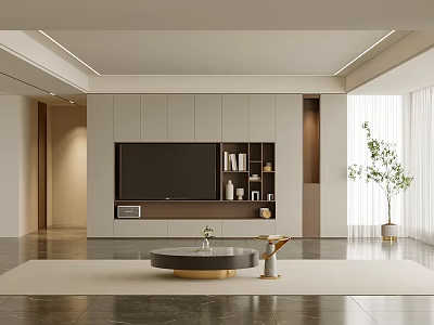 Modern Living Room Interior Design With TV Wall Shelves Round Coffee Table And Potted Plant 3d model