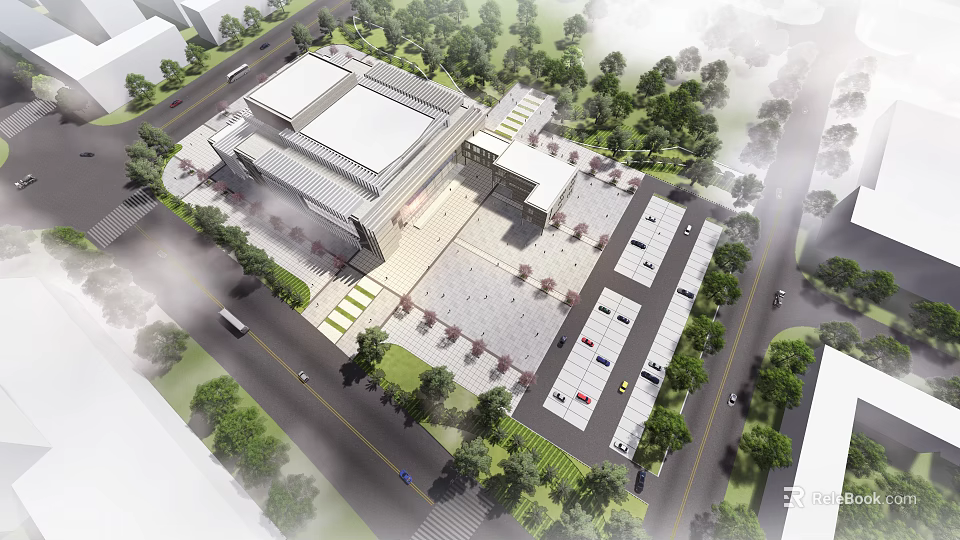 Modern Cultural Center Building Architecture With Surrounding Greenery Plaza Parking Area And Trees 3d model 