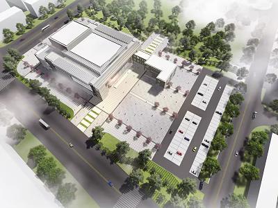 Modern Cultural Center Building Architecture With Surrounding Greenery Plaza Parking Area And Trees 3d model