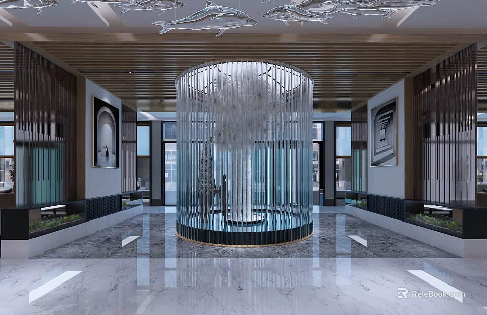 Elegant Modern Hotel Lobby Design With Central Glass Chandelier Wooden Ceiling And Marble Flooring 3d model 