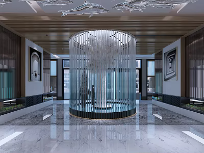 Elegant Modern Hotel Lobby Design With Central Glass Chandelier Wooden Ceiling And Marble Flooring 3d model