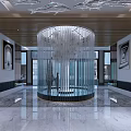 Elegant Modern Hotel Lobby Design With Central Glass Chandelier Wooden Ceiling And Marble Flooring