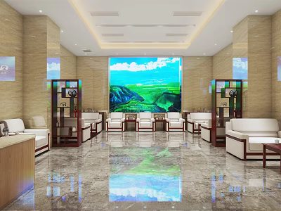 Hotel Public Lounge With Large Mountain Landscape Screen Comfortable Sofas Chairs And Marble Floor 3d model