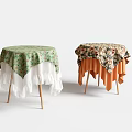 Two Wooden Stools With Floral Tablecloths White Lace And Orange Fabric Bases