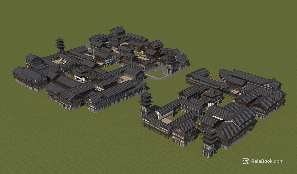Ancient Chinese Architecture Complex With Traditional Curved Roofs And Pagoda Towers 3d model 