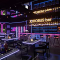 Modern Bar Interior Design With Neon Lights Counter Tables Chairs And Wine Racks
