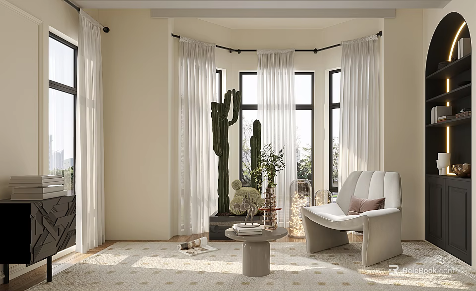 Elegant Single Sofa in Bright Living Room with White Curtains Cactus Coffee Table and Rug 3d model 