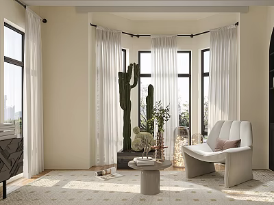Elegant Single Sofa in Bright Living Room with White Curtains Cactus Coffee Table and Rug 3d model