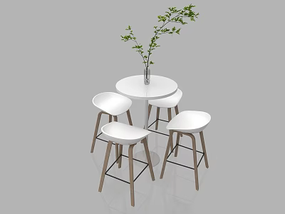 Modern Minimalist Interior With White Bar Stools Wooden Legs And Round Table Plant Vase 3d model
