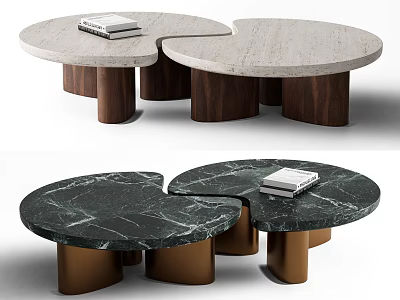 Modern Sofa Coffee Table Combination Set With Round Marble Tops Books And Wooden Metal Bases 3d model