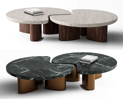 Modern Sofa Coffee Table Combination Set With Round Marble Tops Books And Wooden Metal Bases 3d model