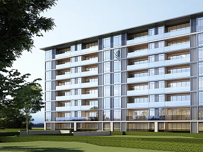 Modern Multi storey Residential Building Featuring Glass Curtain Walls And Lush Green Surroundings 3d model