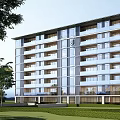 Modern Multi storey Residential Building Featuring Glass Curtain Walls And Lush Green Surroundings