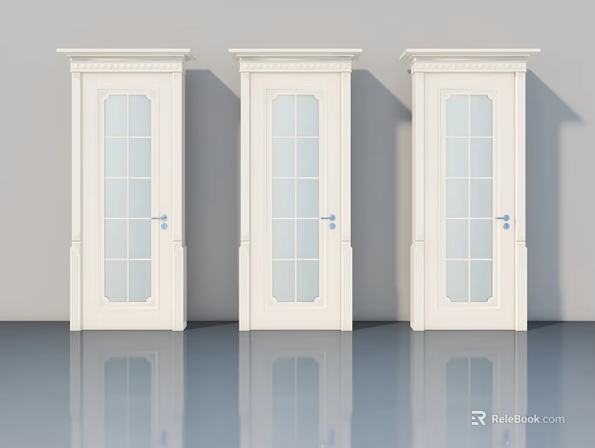White Casement Doors with Glass Panes Decorative Moldings Gray Wall Blue Floor and Reflections 3d model 