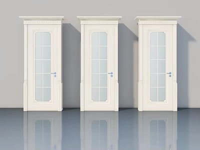 White Casement Doors with Glass Panes Decorative Moldings Gray Wall Blue Floor and Reflections 3d model