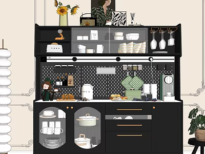Black Kitchen Sideboard Featuring Open Shelves Glass Doors Sunflower Bouquet And Organized Kitchenware 3d model