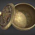 Classic Style Golden Ceramic Vessel With Carved Patterns And Lid 3d model