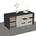 Modern Bar Counter With Black Top Wine Rack Sink Decorative Items And Metal Bar Stools