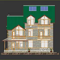 Cartoon Style Wooden House with Green Roof Solar Panels Balconies Small Plants and White Fence