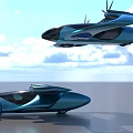 Futuristic Flying Vehicle And Ground Car With Streamlined Blue Design In Sky And Ground