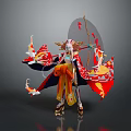 Woman Wearing Traditional Red And Gold Costume With Koi Fish Umbrella And Flowing Decorations