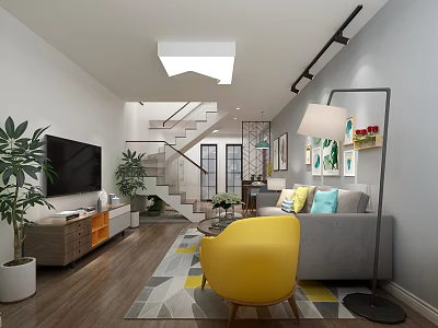 Modern Living Room Interior With Grey Sofa Yellow Chair TV Wooden Floor And Geometric Rug 3d model