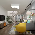 Modern Living Room Interior With Grey Sofa Yellow Chair TV Wooden Floor And Geometric Rug