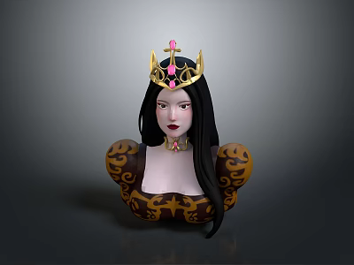 Elegant Queen Character With Golden Crown Pink Gem Long Black Hair And Gold Patterned Outfit 3d model