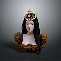 Elegant Queen Character With Golden Crown Pink Gem Long Black Hair And Gold Patterned Outfit