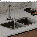 Modern Stainless Steel Double Bowl Kitchen Sink With Faucet Water Flowing On Gray Countertop