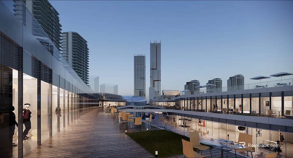 Modern Commercial Street With High Rise Buildings Outdoor Dining Areas And Wooden Walkways 3d model 