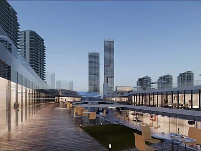 Modern Commercial Street With High Rise Buildings Outdoor Dining Areas And Wooden Walkways 3d model