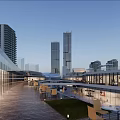 Modern Commercial Street With High Rise Buildings Outdoor Dining Areas And Wooden Walkways