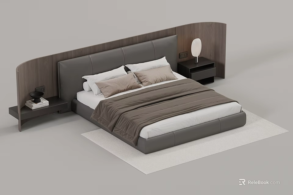 Modern Double Bed With Curved Headboard Gray Bedding Beige Pillows And Nightstands 3d model 