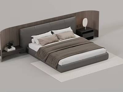 Modern Double Bed With Curved Headboard Gray Bedding Beige Pillows And Nightstands 3d model