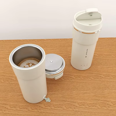White Insulated Cups with Open Lid Coffee Stains and Closed Lid on Wooden Tabletop 3d model