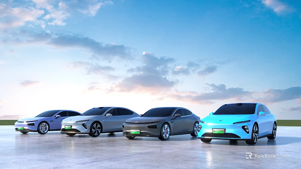 Multiple Electric Cars Parked On Concrete Ground Under Blue Sky 3d model 