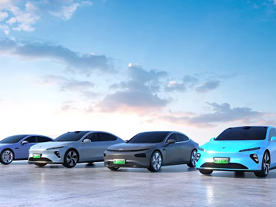 Multiple Electric Cars Parked On Concrete Ground Under Blue Sky 3d model