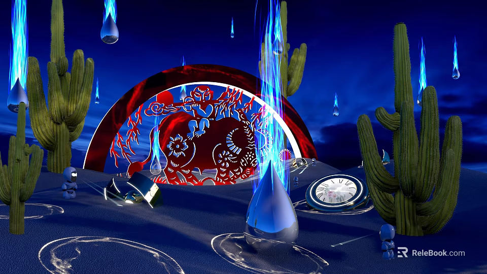 Cartoon Night Scene Featuring Red Arch White Patterns Blue Flames Cacti Circular Puddles on Sand 3d model 